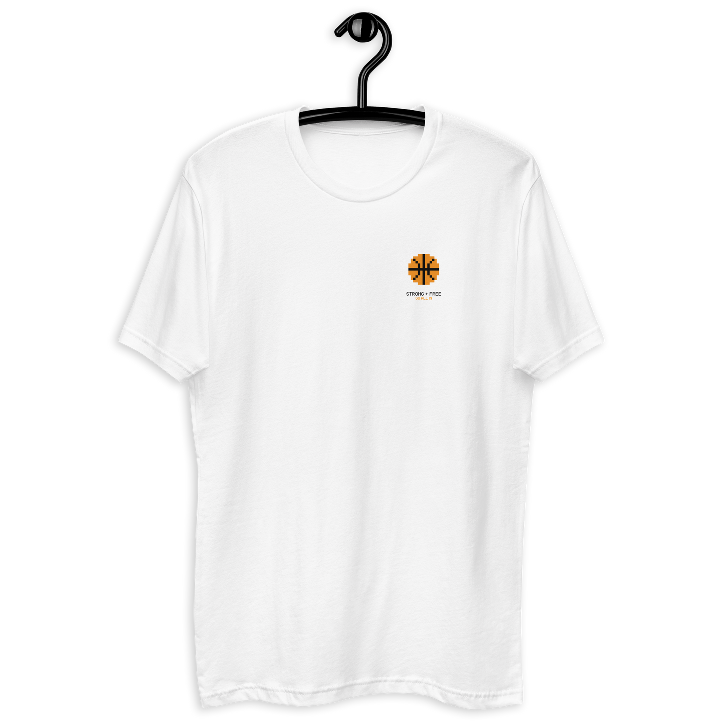 Men's basketball tee, white. S+F custom logo design, digital bball I.