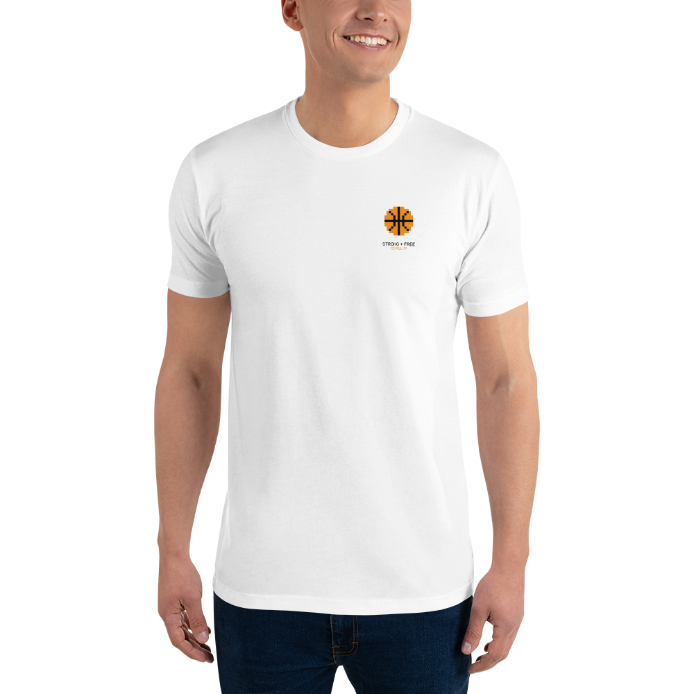 Men's basketball tee, white. S+F custom logo design, digital bball I.