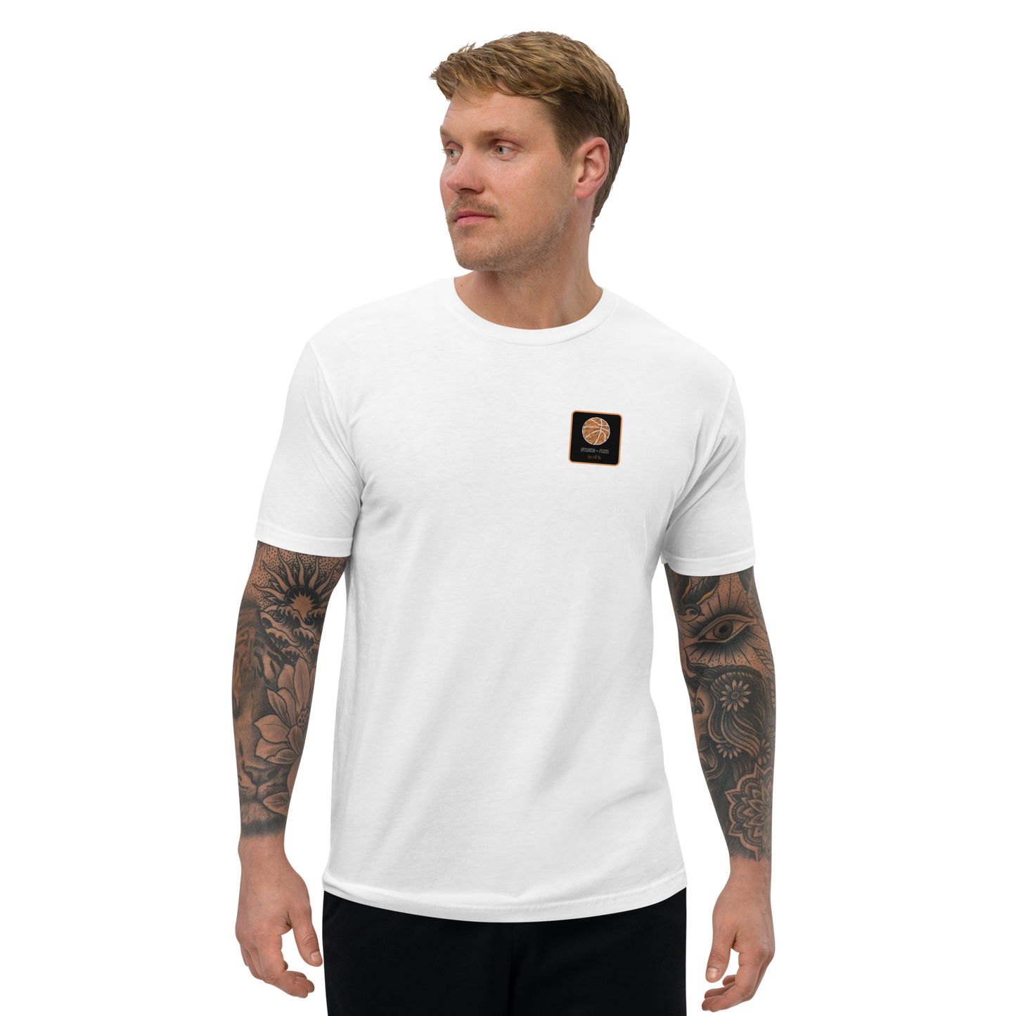 Men's basketball tee, white. S+F custom logo design, bball art III.