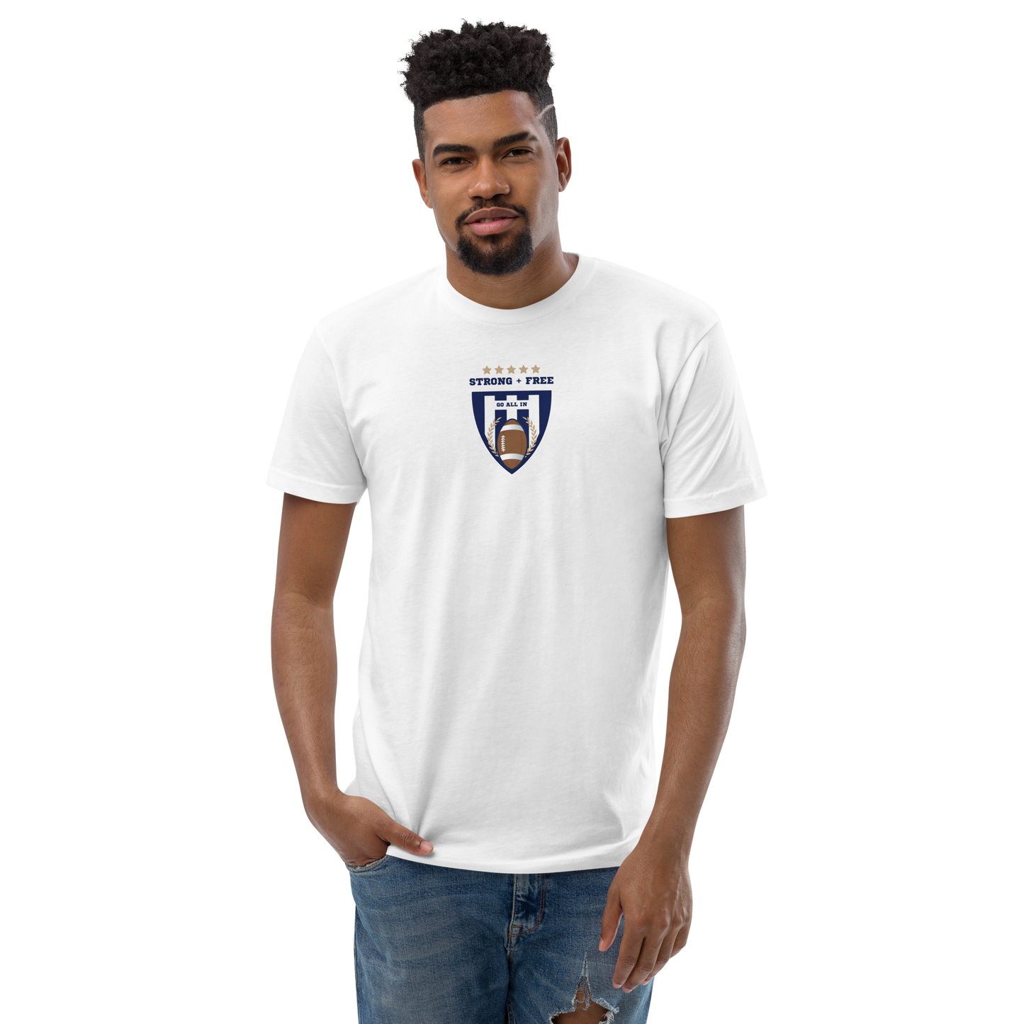 Men's football tee, white. S+F custom logo design, blue shield crest.