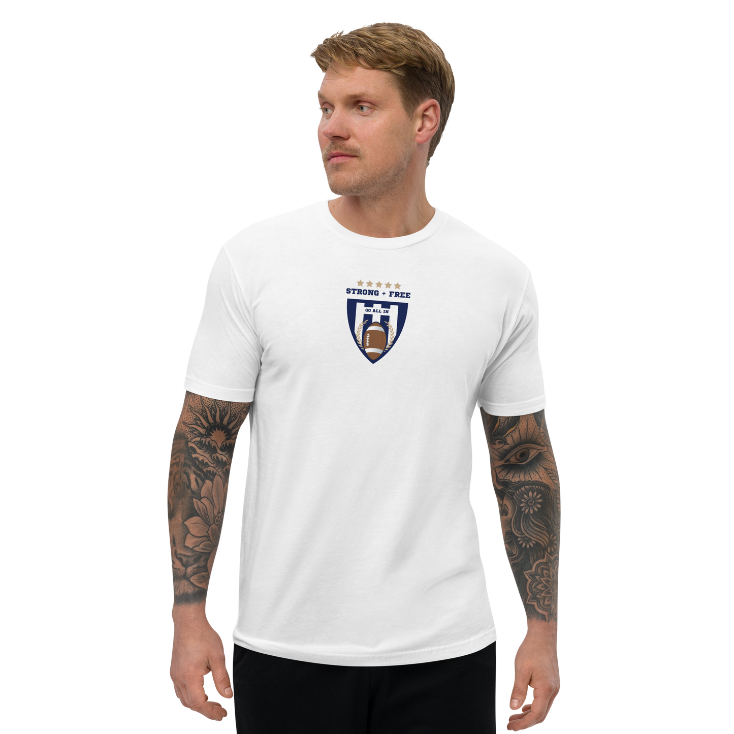 Men's football tee, white. S+F custom logo design, blue shield crest.