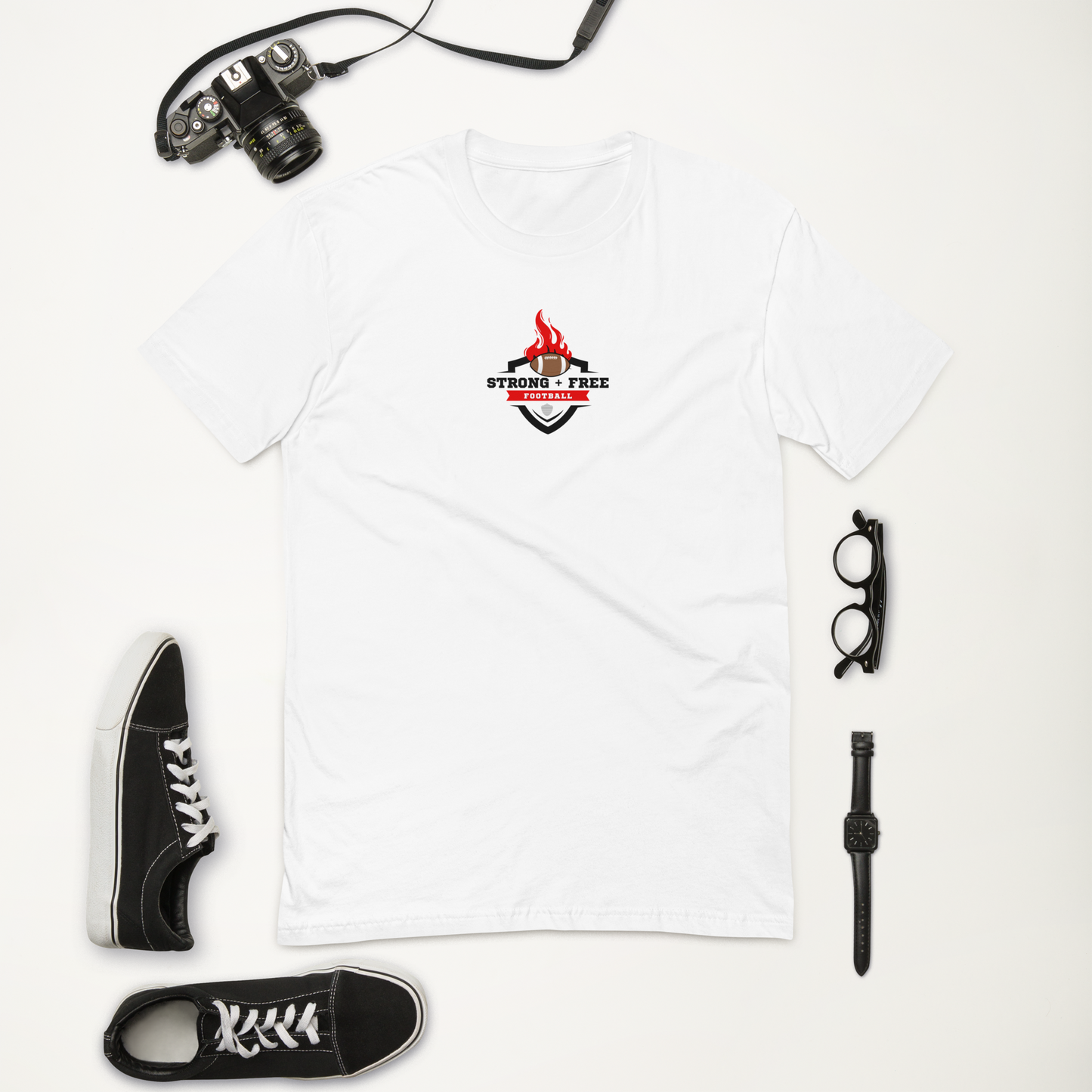 Men's football tee, white. S+F custom logo design, shield inferno crest.