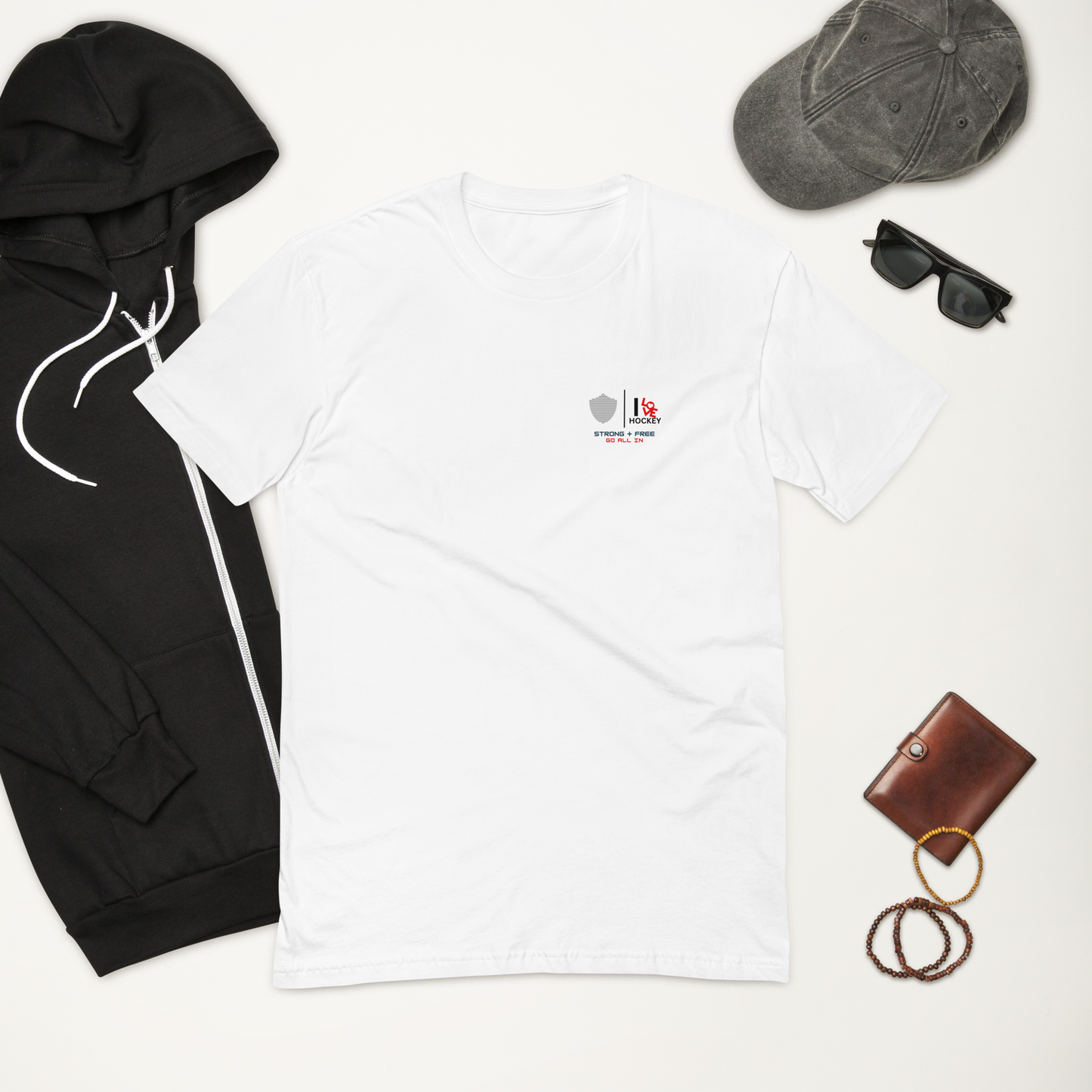 Men's hockey tee, white. S+F custom logo design, hockey love II.