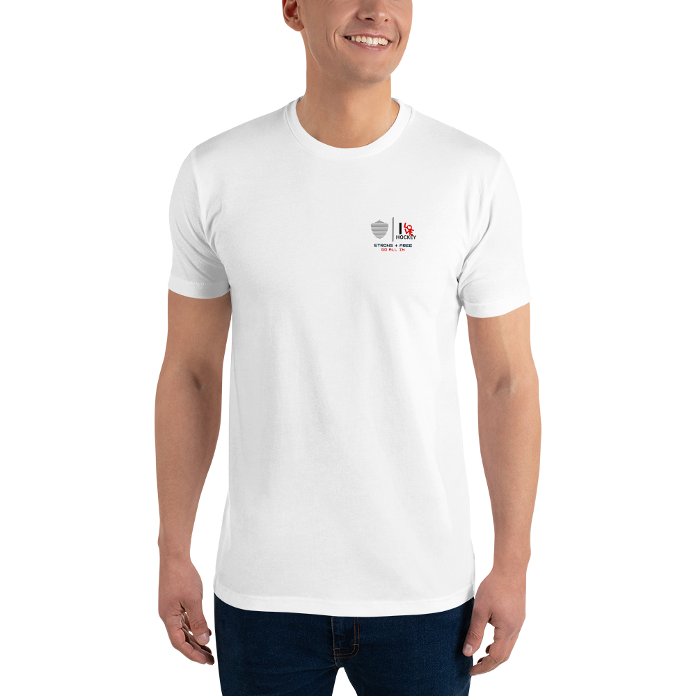Men's hockey tee, white. S+F custom logo design, hockey love II.