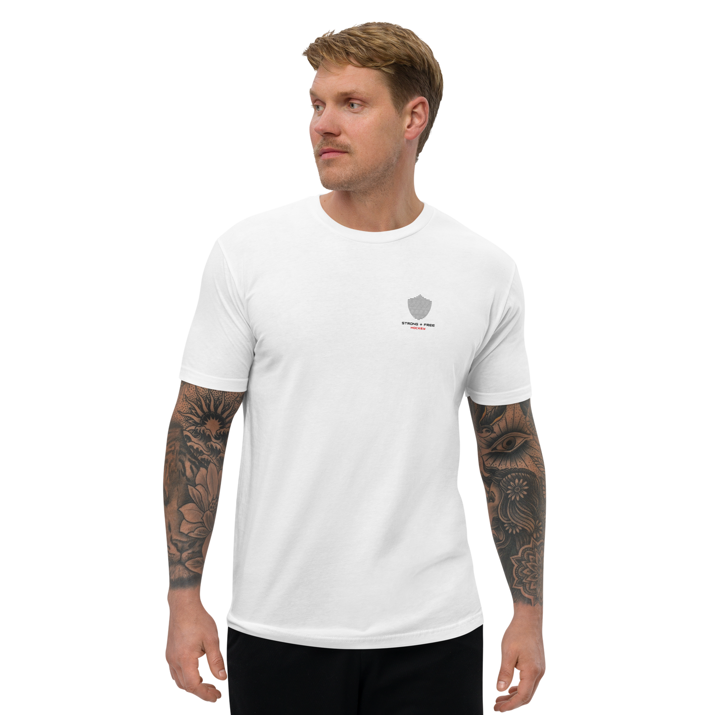 Men's hockey tee, white. S+F signature shield logo design.