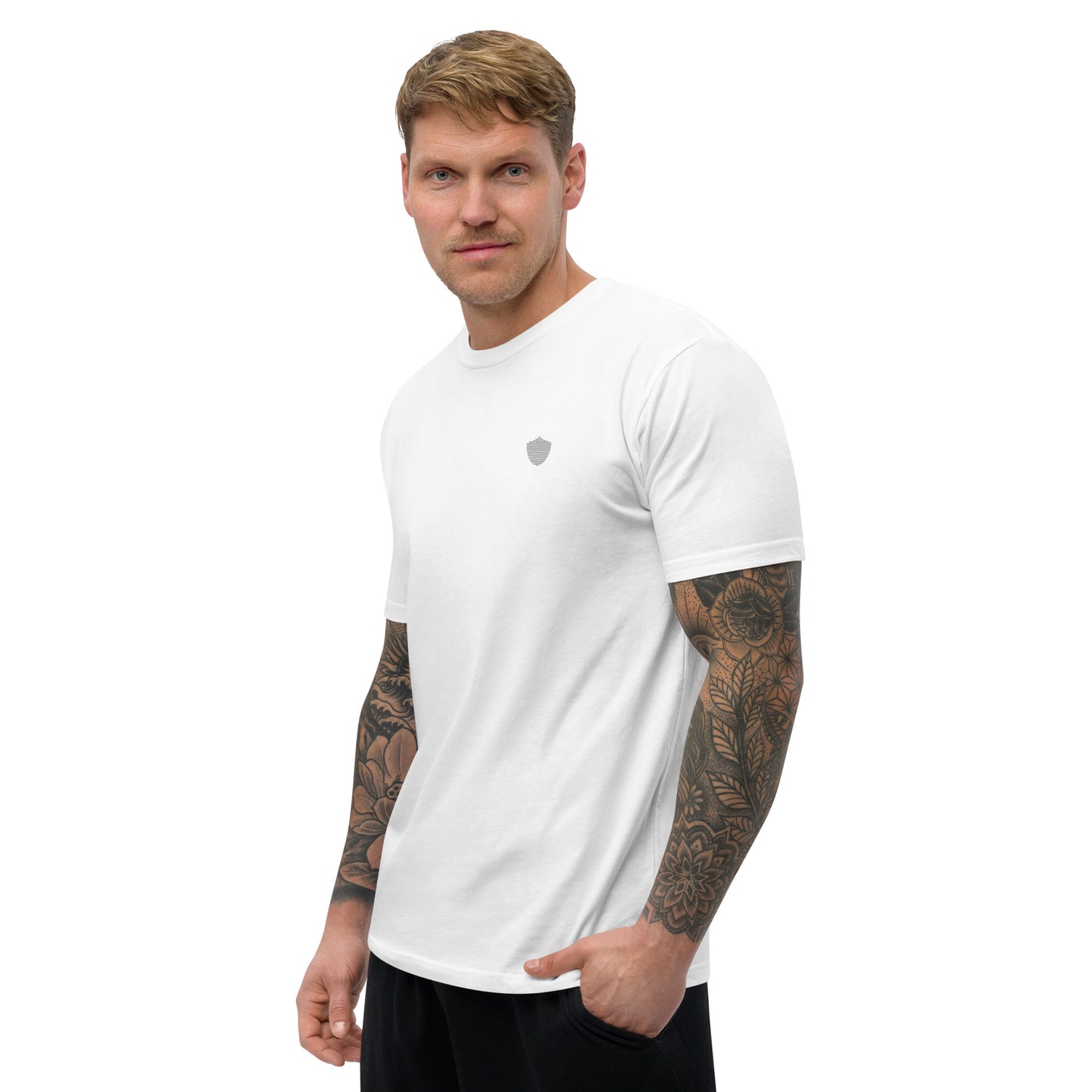 Men's short sleeve tee, white. S+F signature shield logo design.