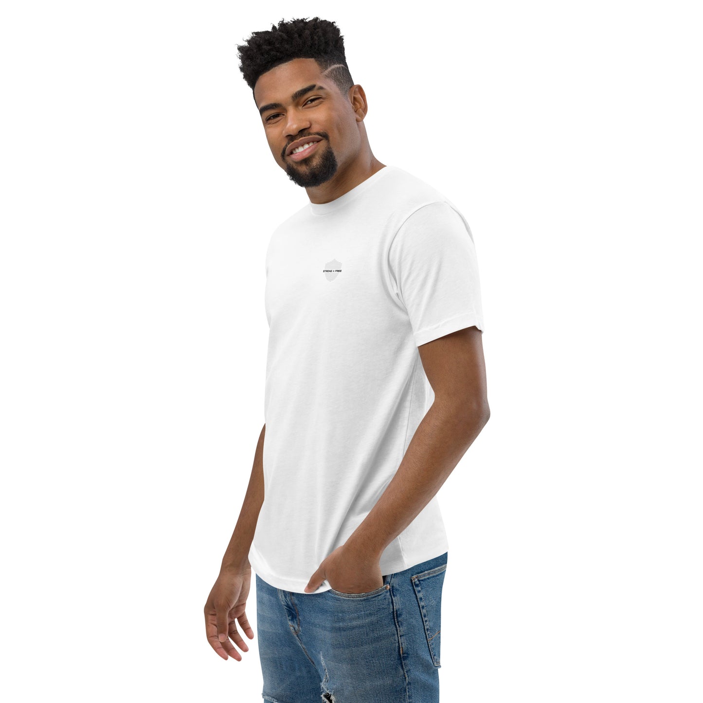 Men's short sleeve tee, white. S+F signature shield logo design.