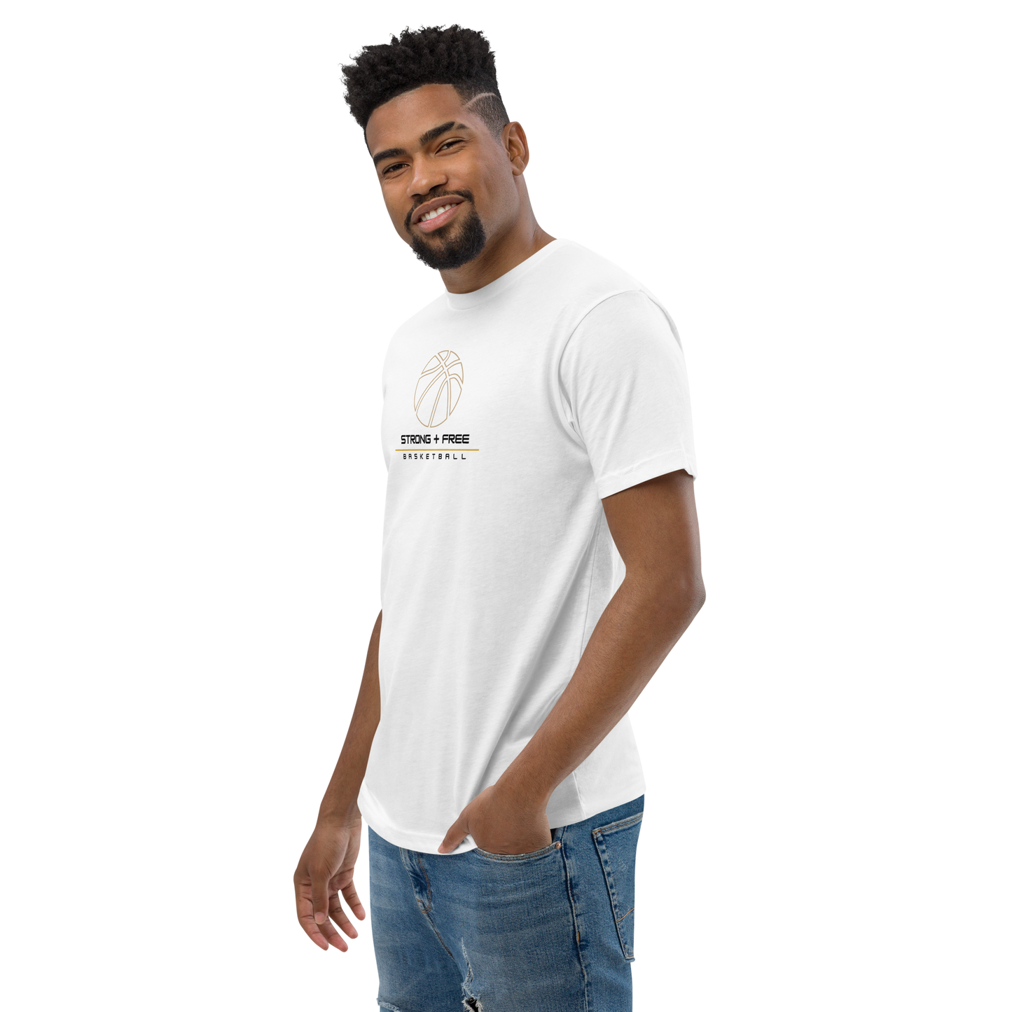 Men's basketball tee, white. S+F signature bball logo design.