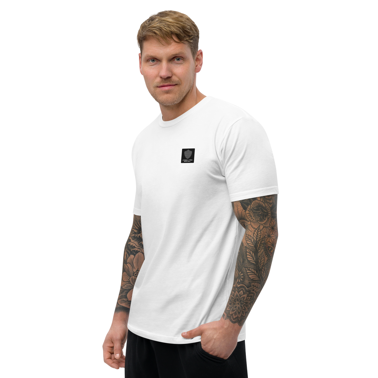 Men's basketball tee, white. S+F signature bball design, reverse black icon.