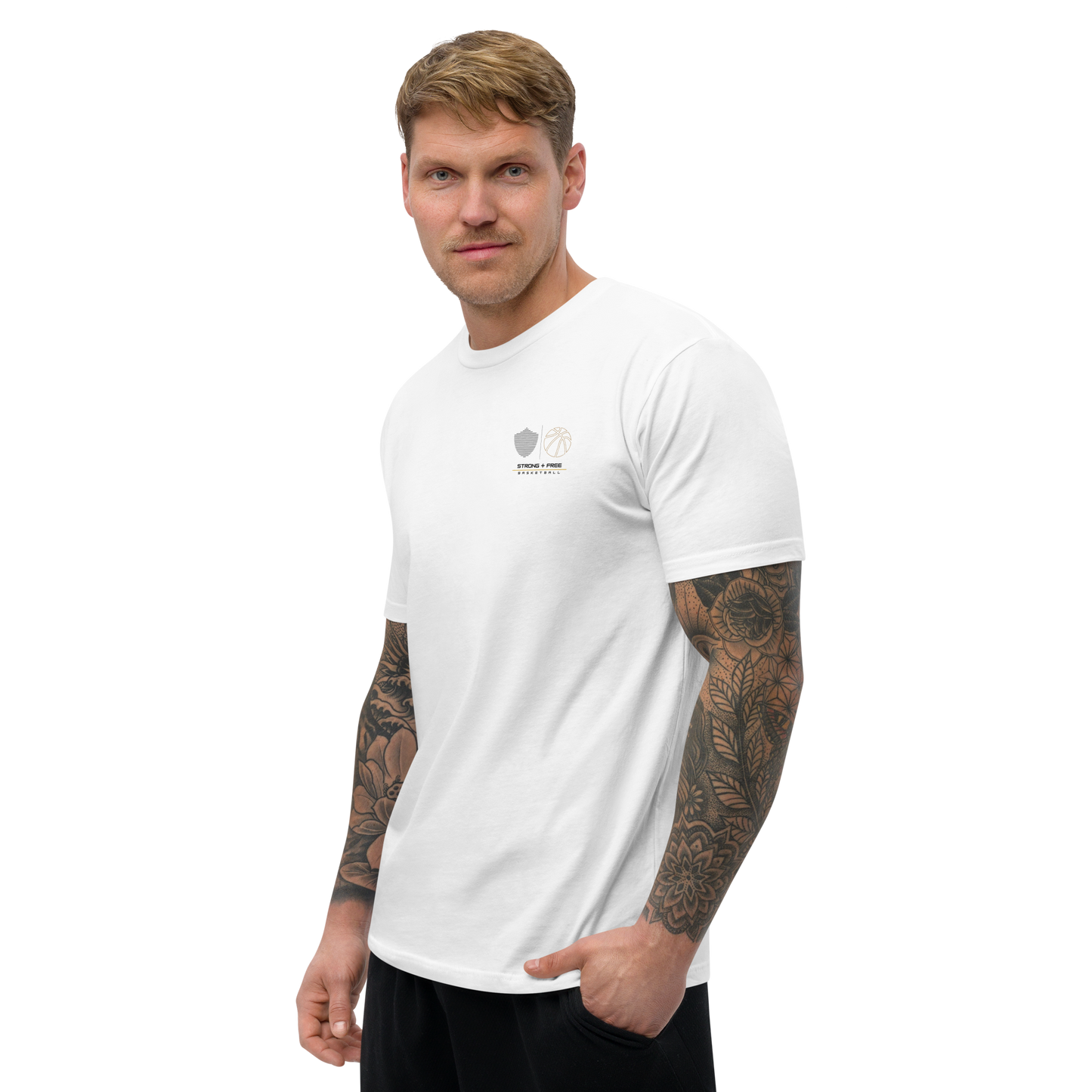 Men's basketball tee, white. S+F signature bball logo design II.