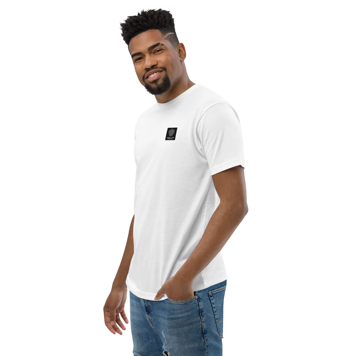 Men's basketball tee, white. S+F signature shield logo design, reverse black icon.