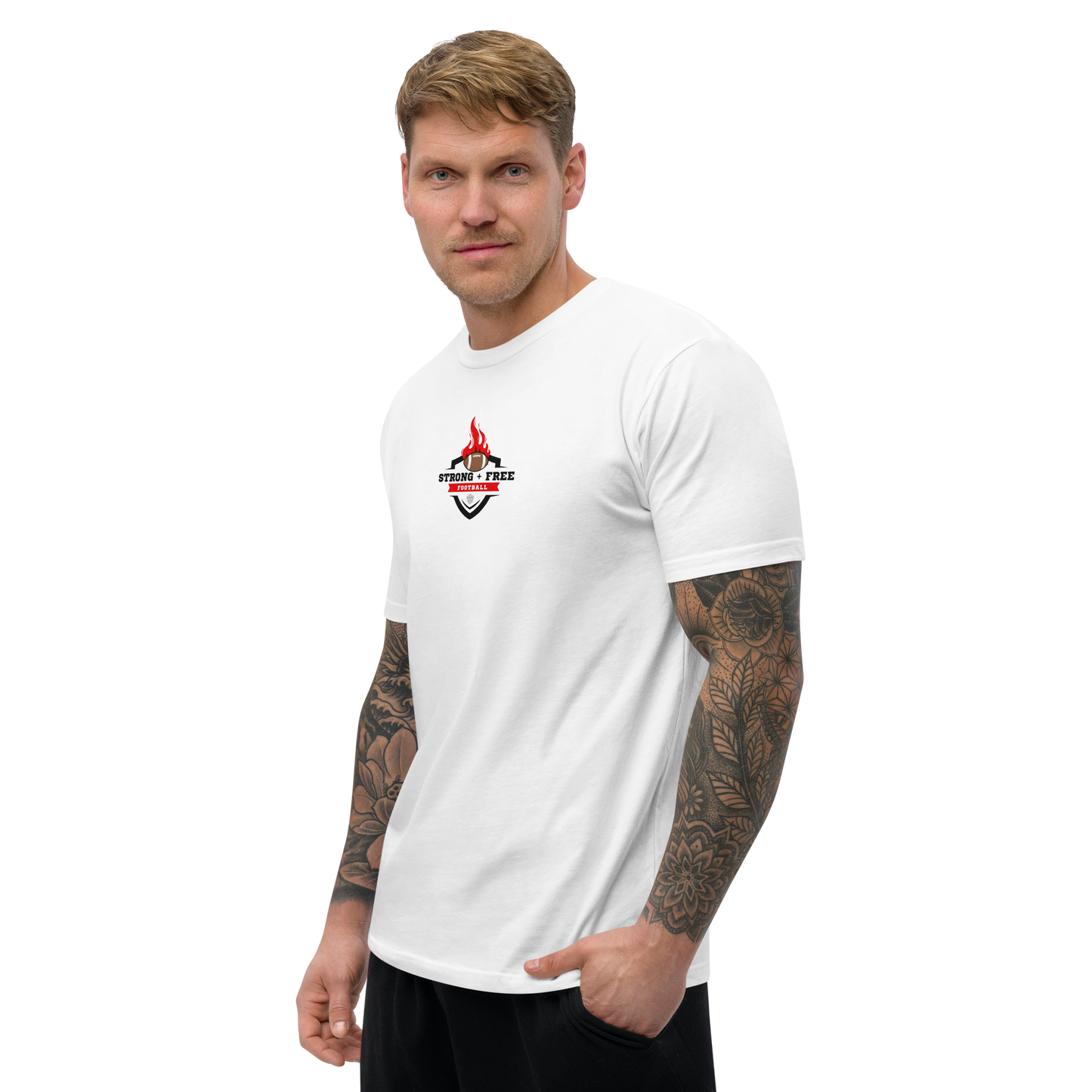 Men's football tee, white. S+F custom logo design, shield inferno crest.