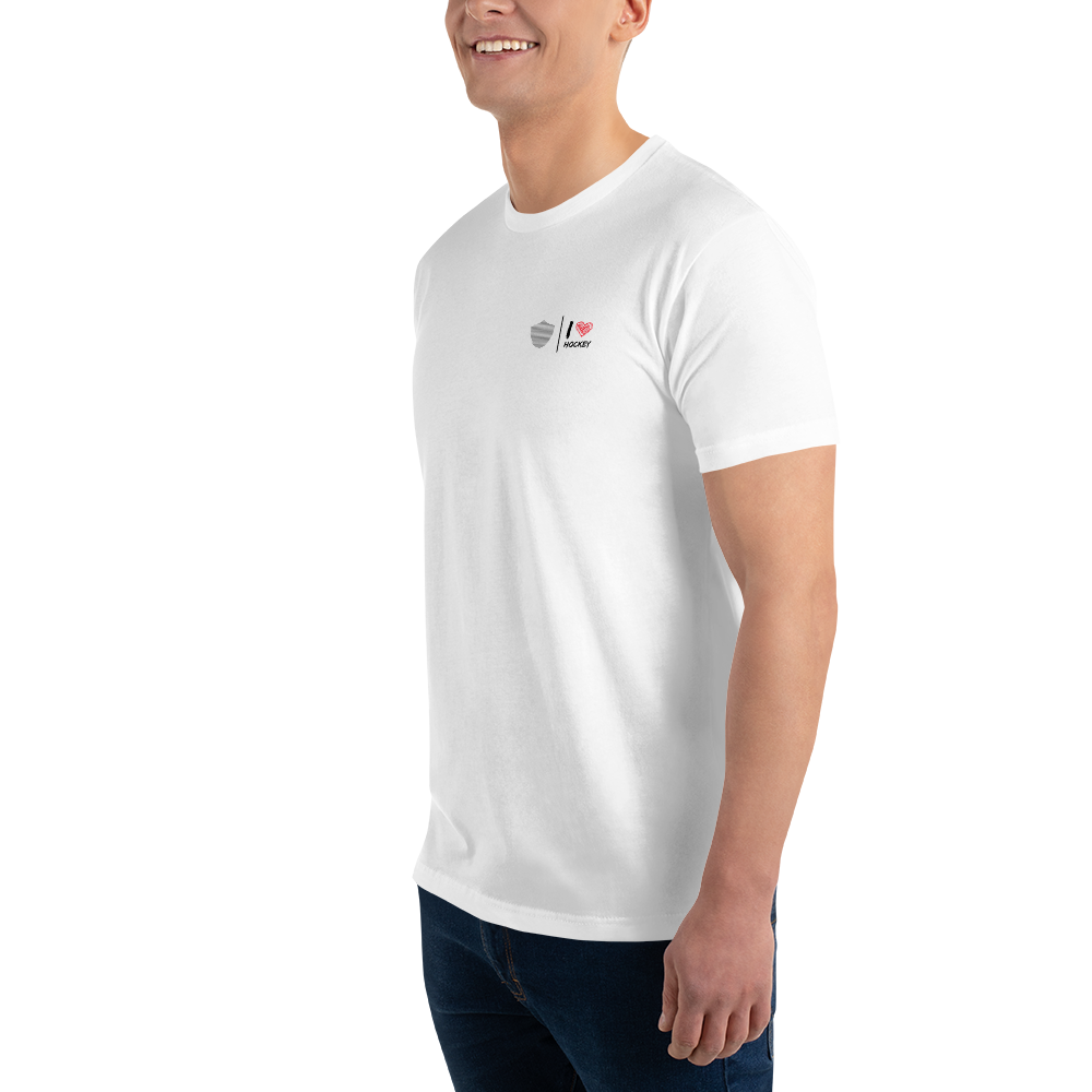 Men's hockey tee, white. S+F custom logo design, hockey love I.