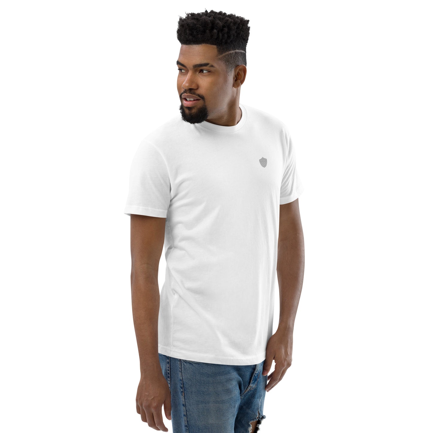 Men's short sleeve tee, white. S+F signature shield logo design.