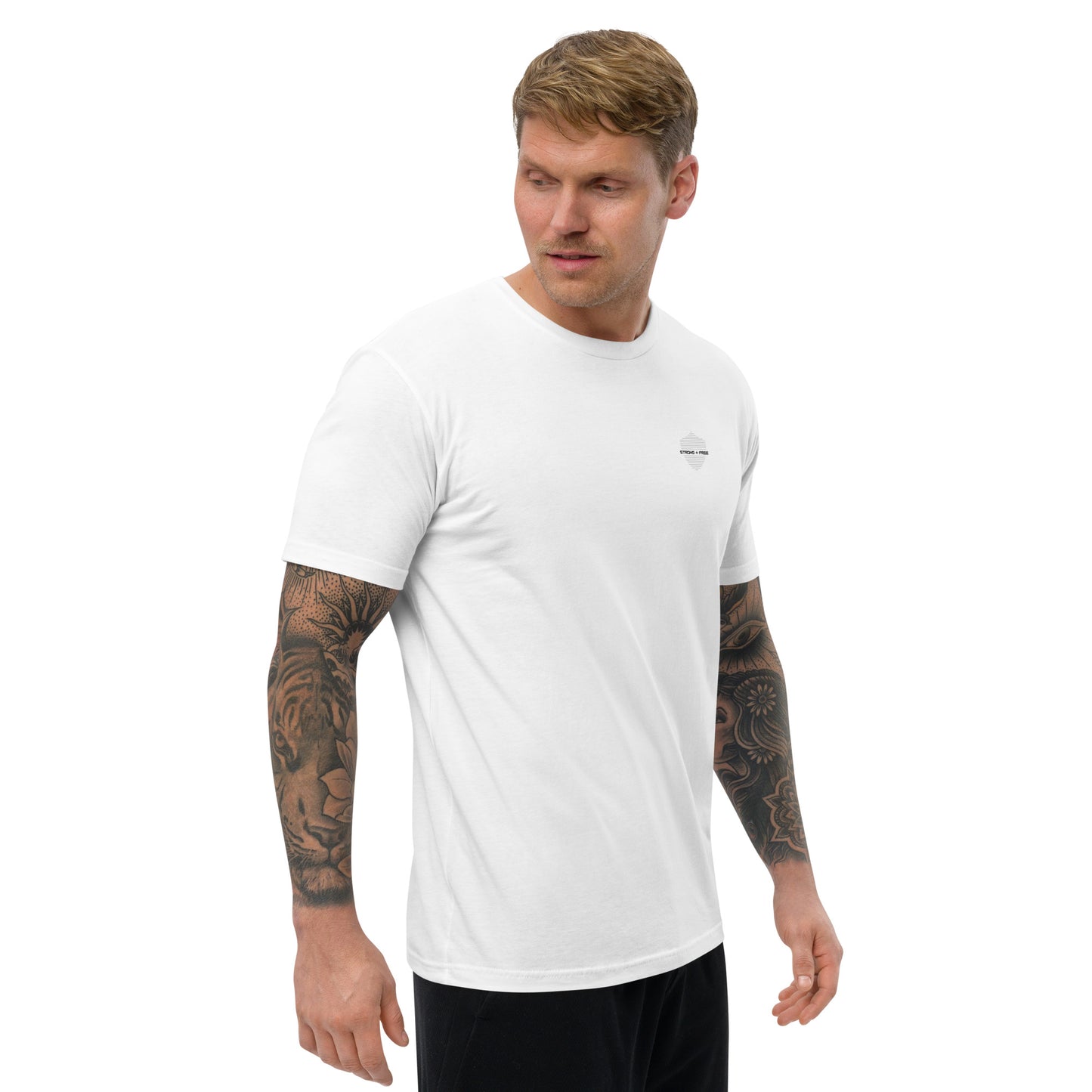 Men's short sleeve tee, white. S+F signature shield logo design.