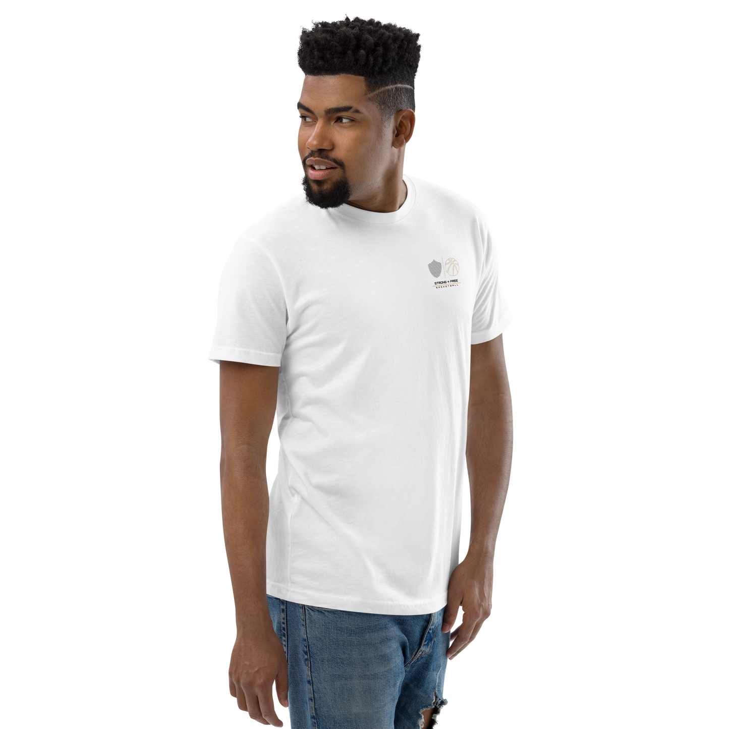 Men's basketball tee, white. S+F signature bball logo design II.