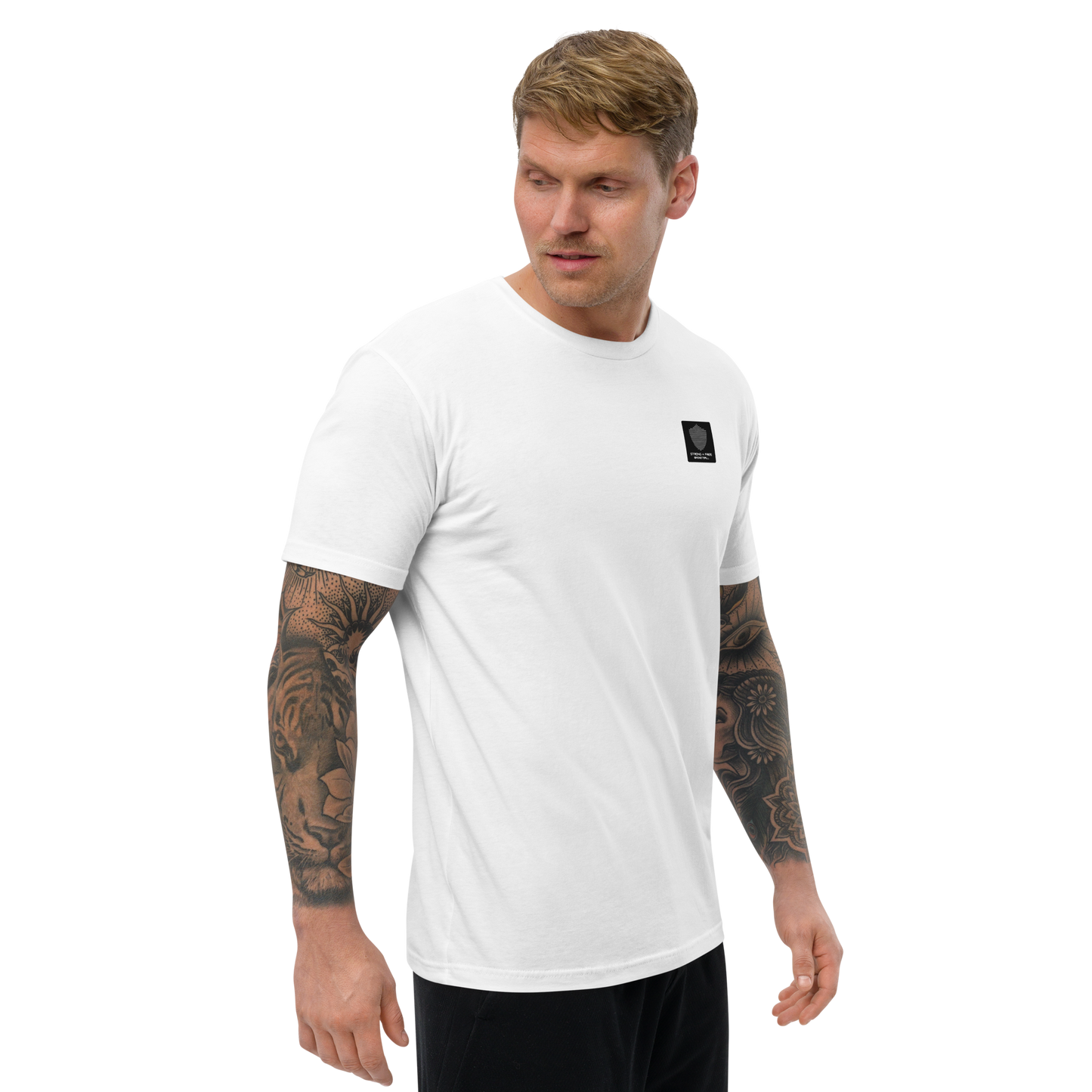 Men's basketball tee, white. S+F signature shield logo design, reverse black icon.