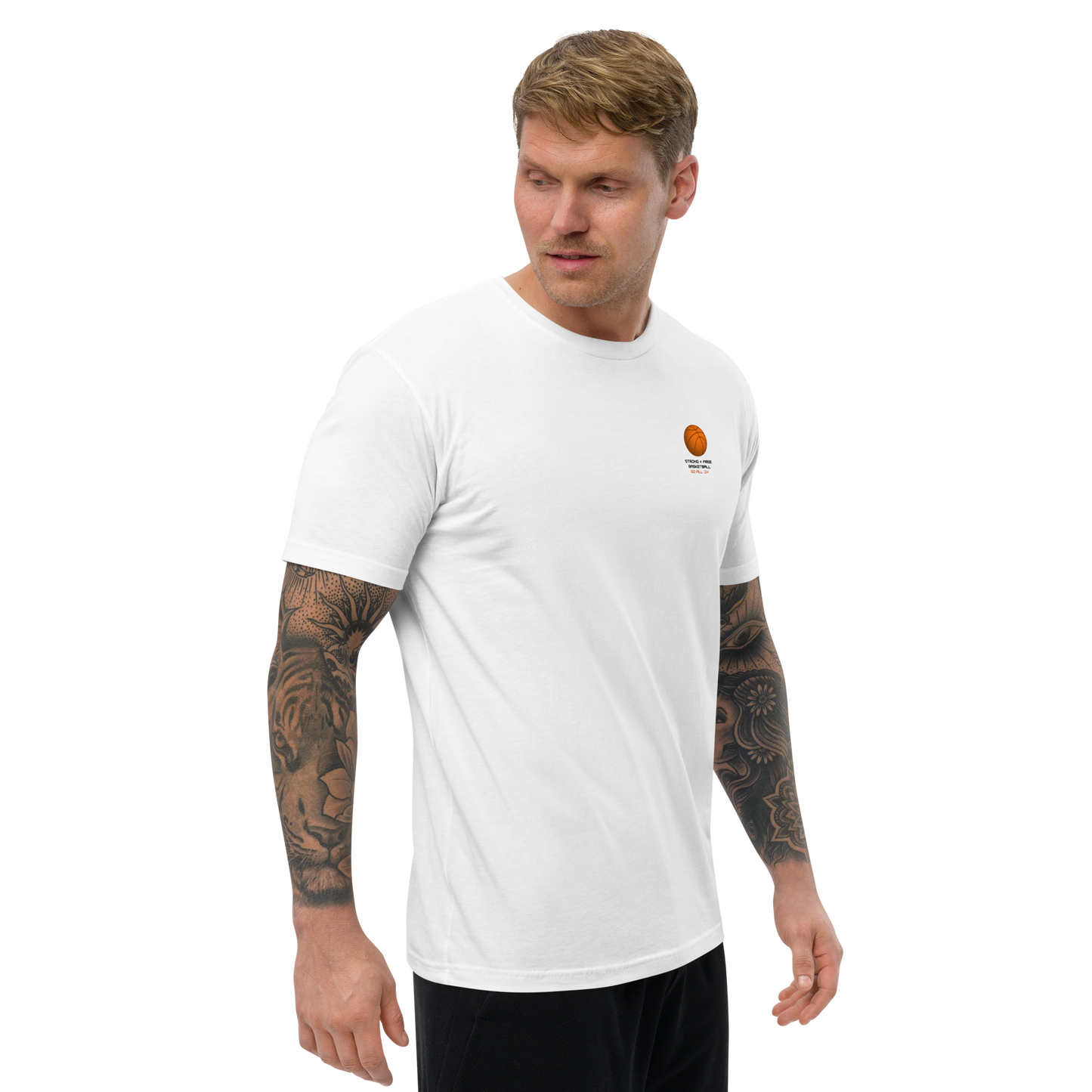 Men's basketball tee, white. S+F custom logo design, digital bball III.