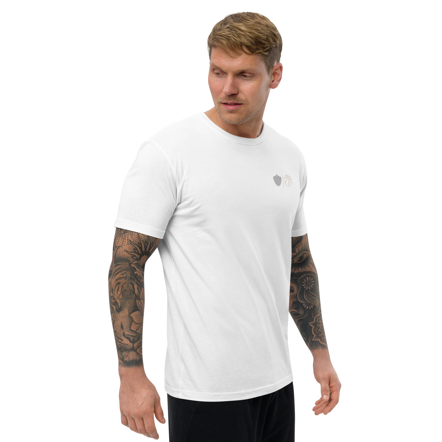 Men's basketball tee, white. S+F signature bball logo design II.