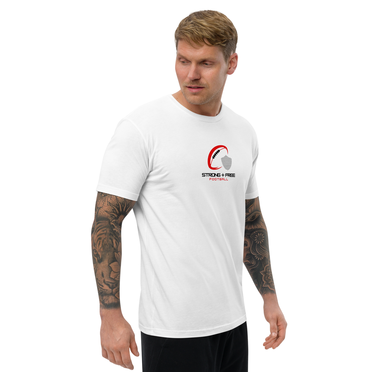 Men's football tee, white. S+F signature football logo design.