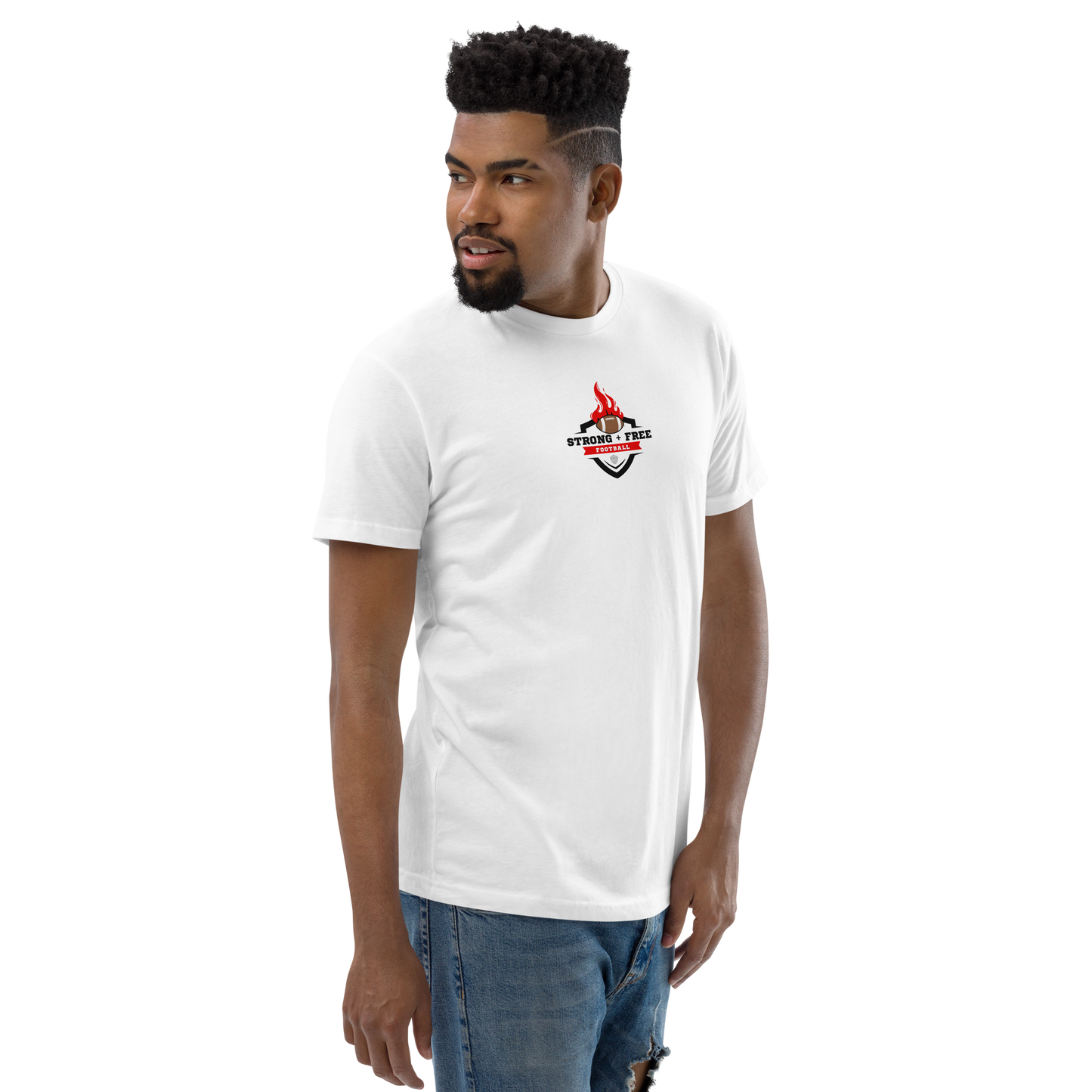 Men's football tee, white. S+F custom logo design, shield inferno crest.