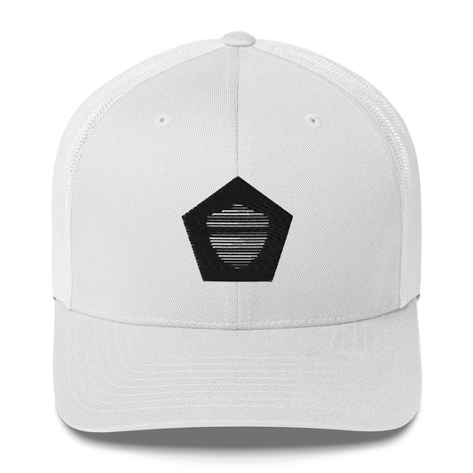 Trucker Cap, white. S+F signature shield logo design, reverse black pentagon.