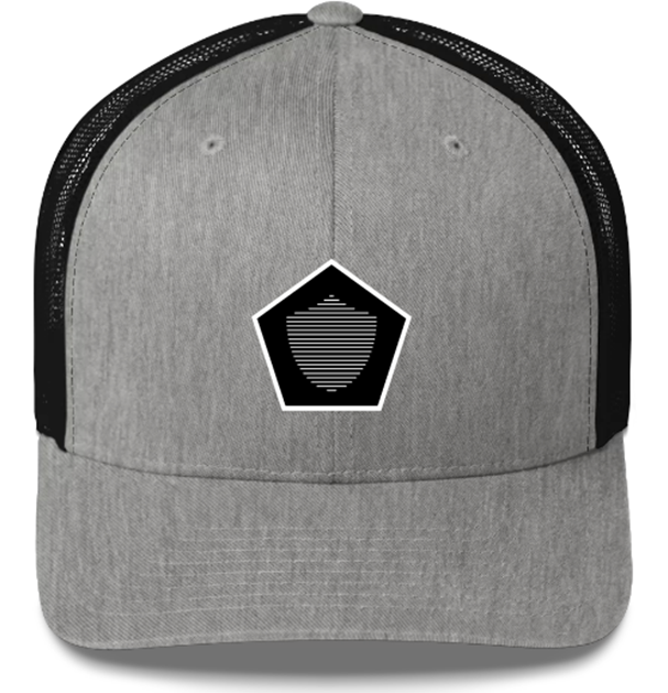 Trucker Cap, black/grey. S+F signature shield logo design, reverse black pentagon.