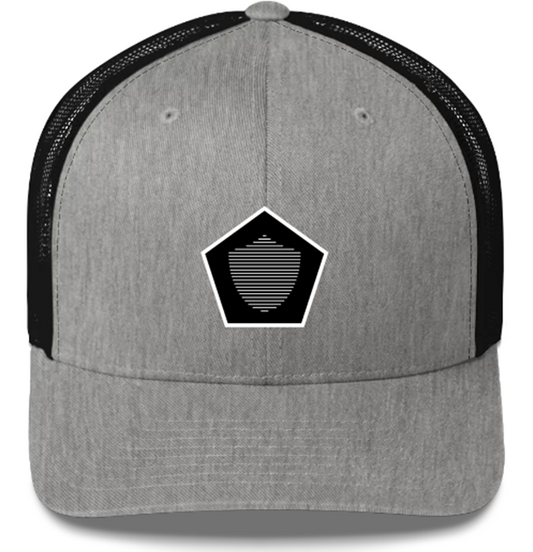 Trucker Cap, black/grey. S+F signature shield logo design, reverse black pentagon.