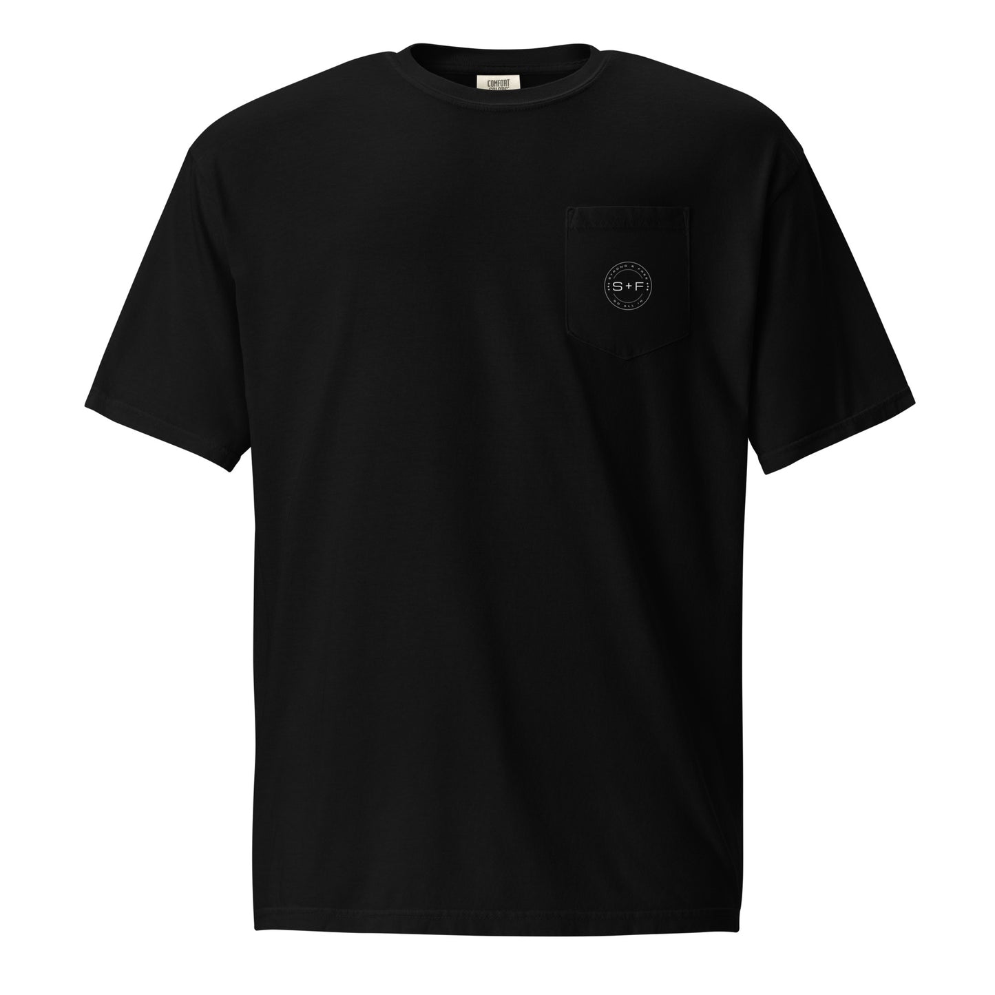 Men's Front Pocket T-Shirt, Black/Blue. S+F White Circle Logo Design.