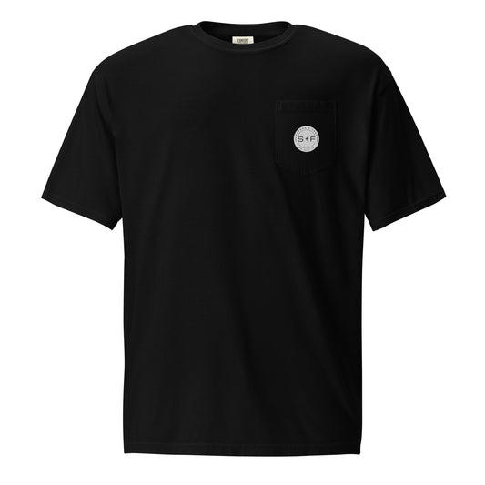 Men's Front Pocket T-Shirt, Black/Blue/Red/White. S+F Reverse Grey Logo Design.