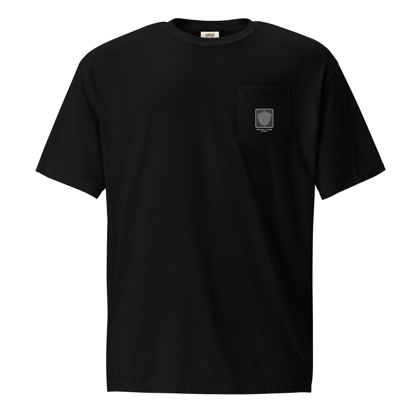 Men's front pocket tee, various colors. S+F signature shield logo design, reverse black icon.