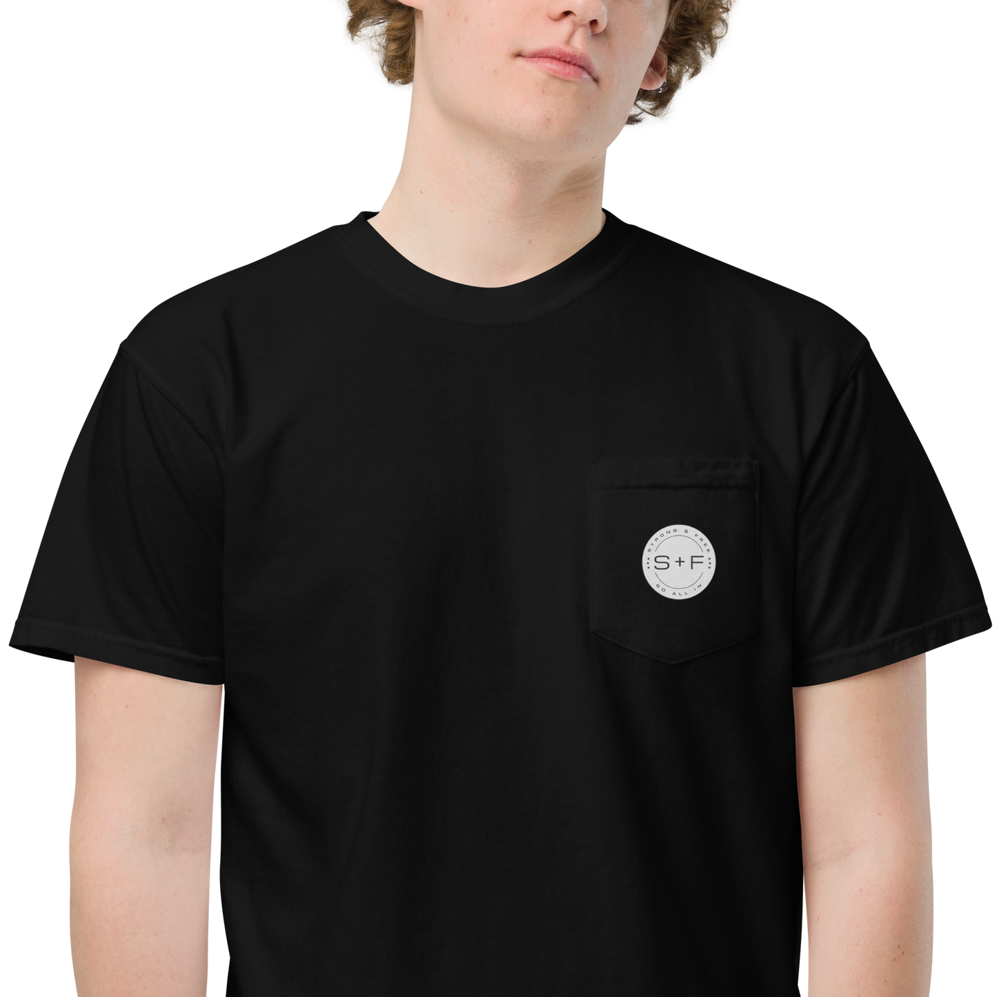 Men's Front Pocket T-Shirt, Black/Blue/Red/White. S+F Reverse Grey Logo Design.