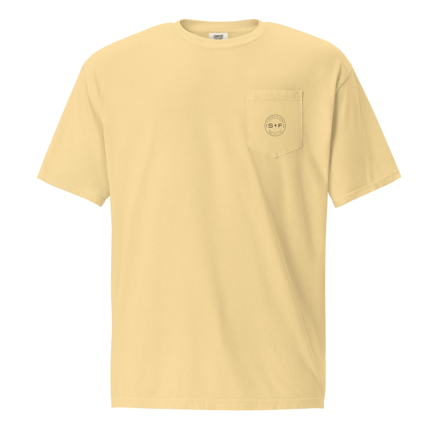 Men's Front Pocket T-shirt, Red/Blue/White/Yellow/Grey. S+F Black Circle Logo Design.