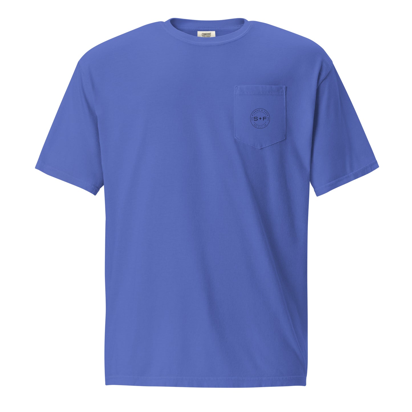 Men's Front Pocket T-shirt, Red/Blue/White/Yellow/Grey. S+F Black Circle Logo Design.