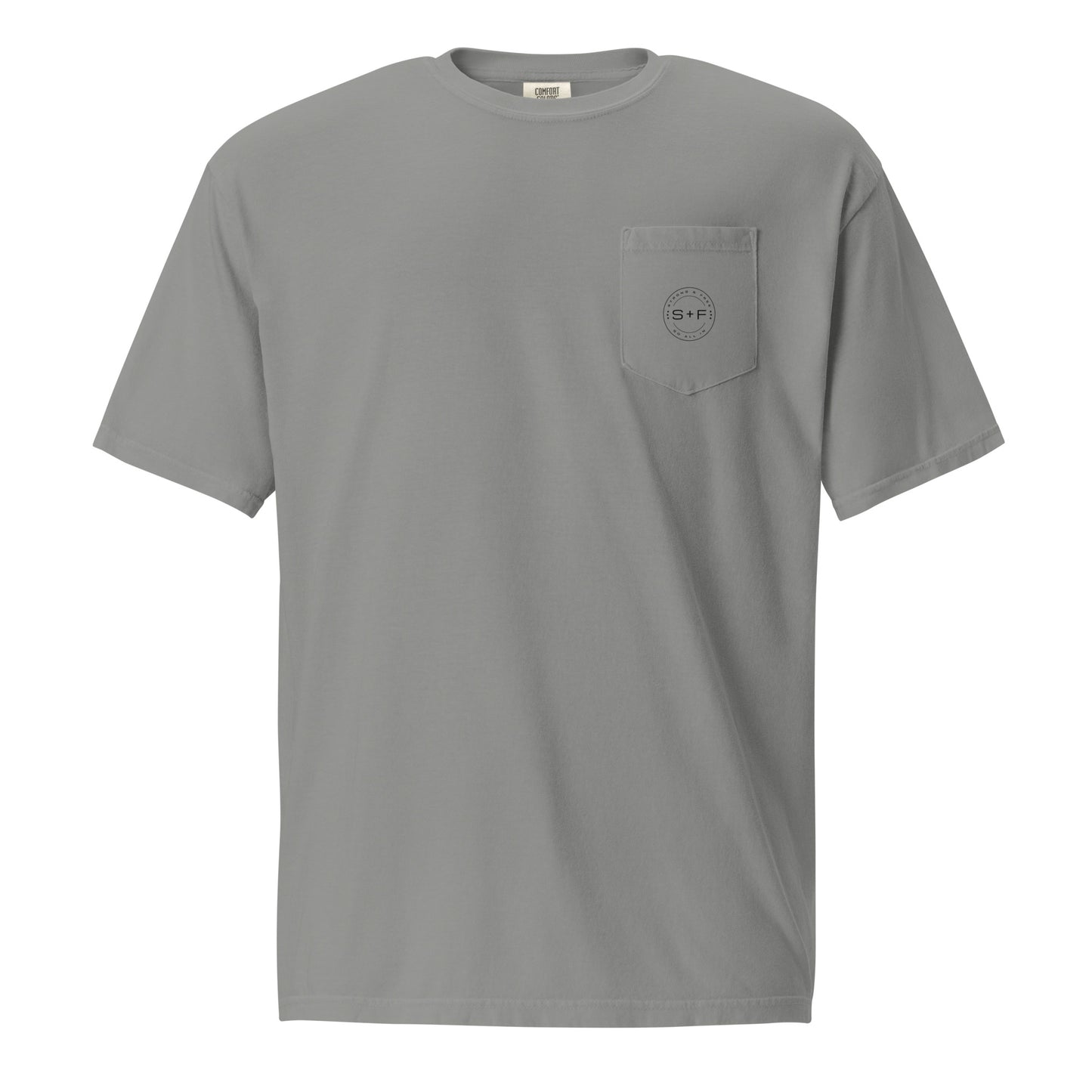 Men's Front Pocket T-shirt, Red/Blue/White/Yellow/Grey. S+F Black Circle Logo Design.