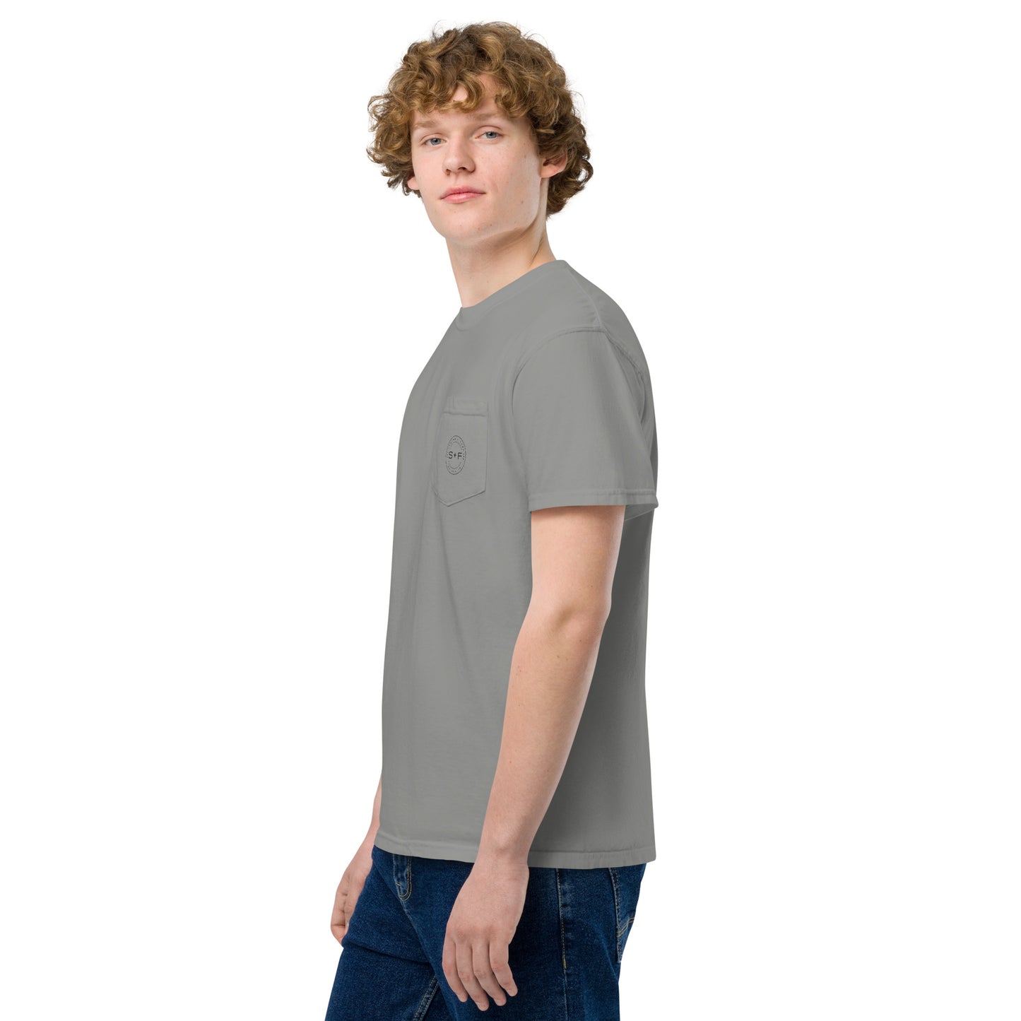 Men's Front Pocket T-shirt, Red/Blue/White/Yellow/Grey. S+F Black Circle Logo Design.
