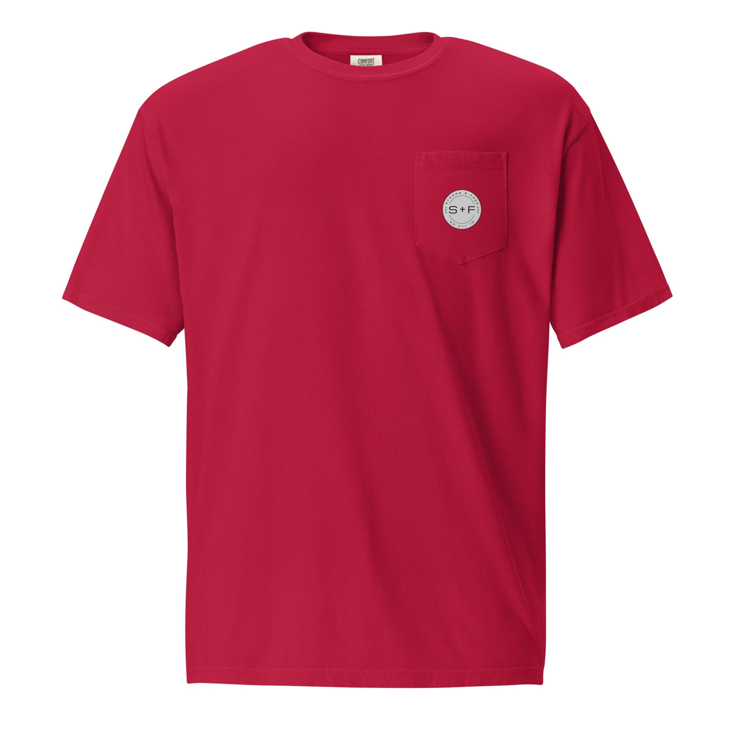 Men's Front Pocket T-Shirt, Black/Blue/Red/White. S+F Reverse Grey Logo Design.