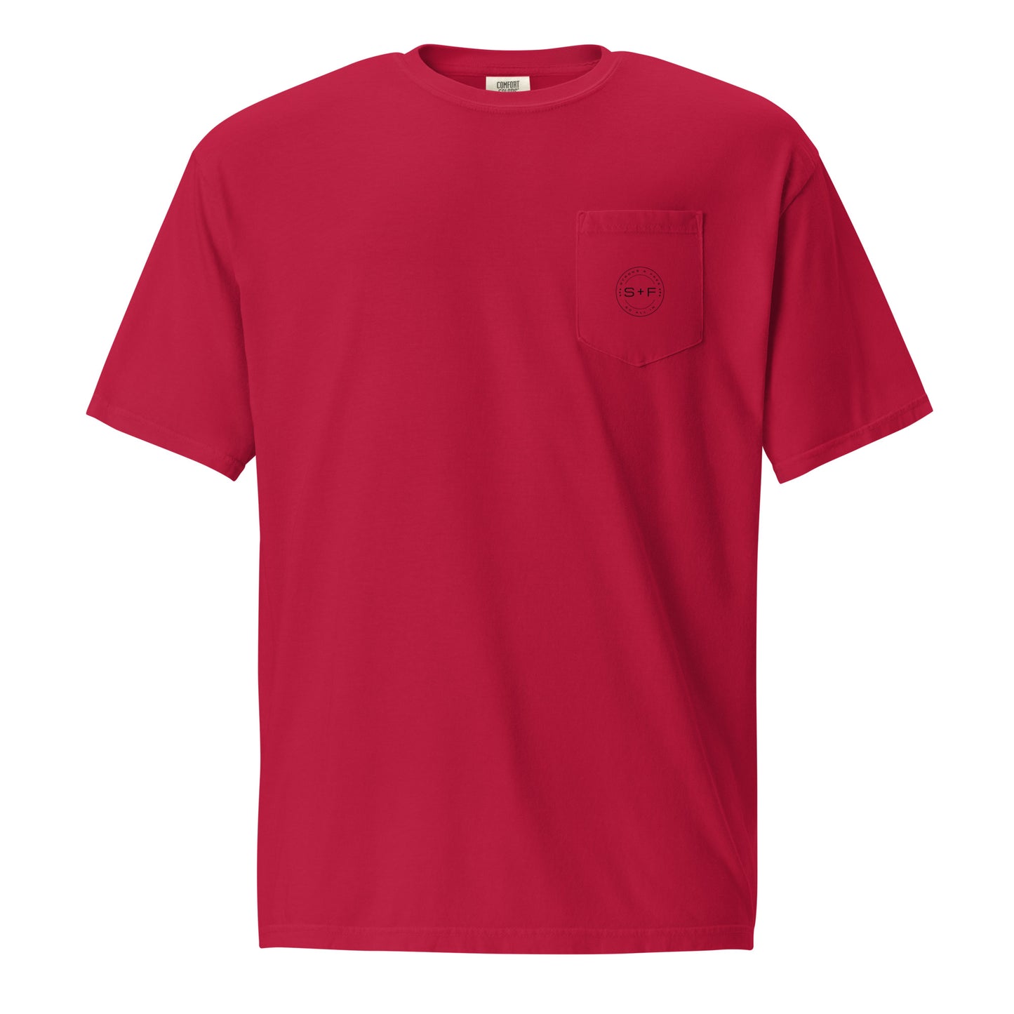 Men's Front Pocket T-shirt, Red/Blue/White/Yellow/Grey. S+F Black Circle Logo Design.