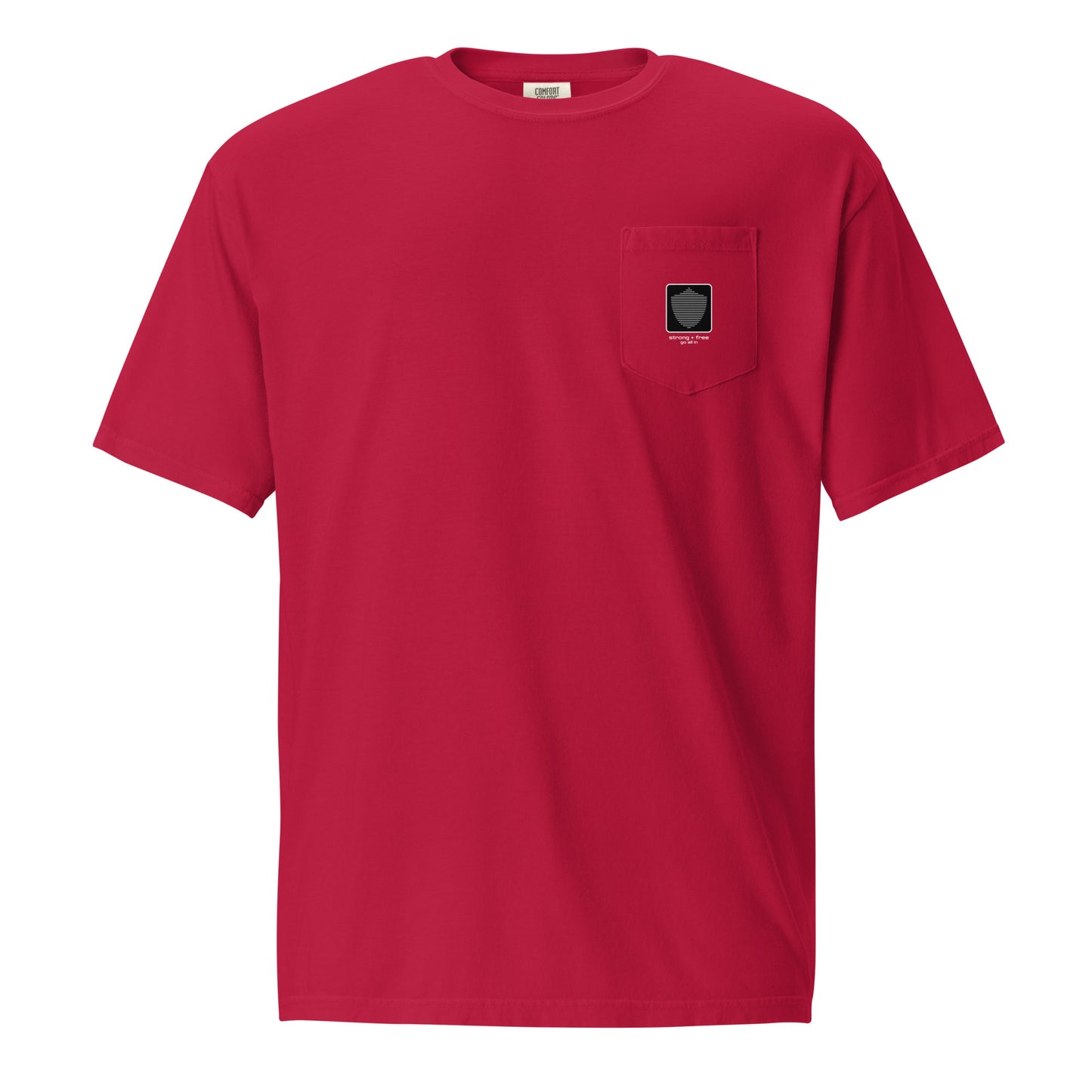 Men's front pocket tee, various colors. S+F signature shield logo design, reverse black icon.