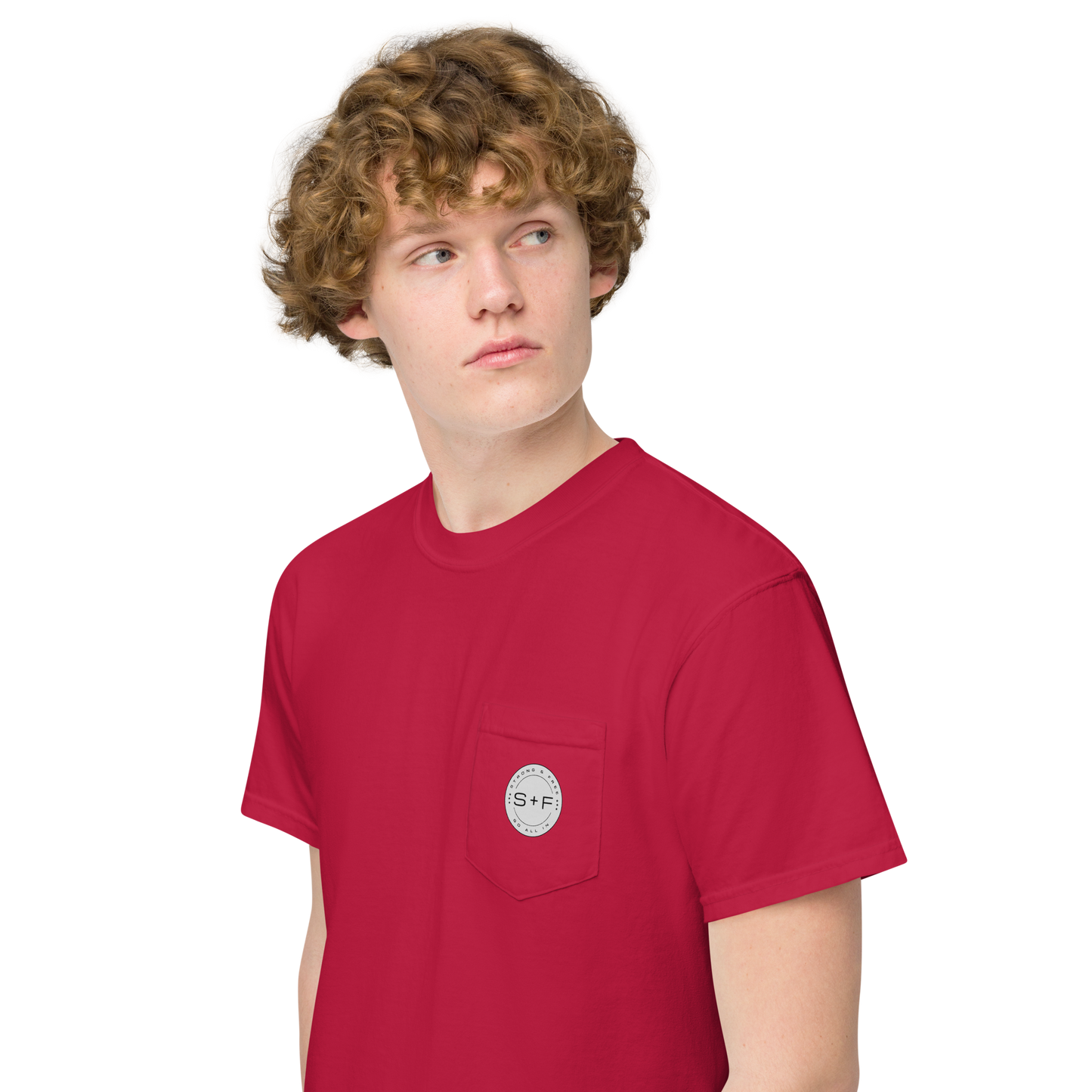 Men's Front Pocket T-Shirt, Black/Blue/Red/White. S+F Reverse Grey Logo Design.