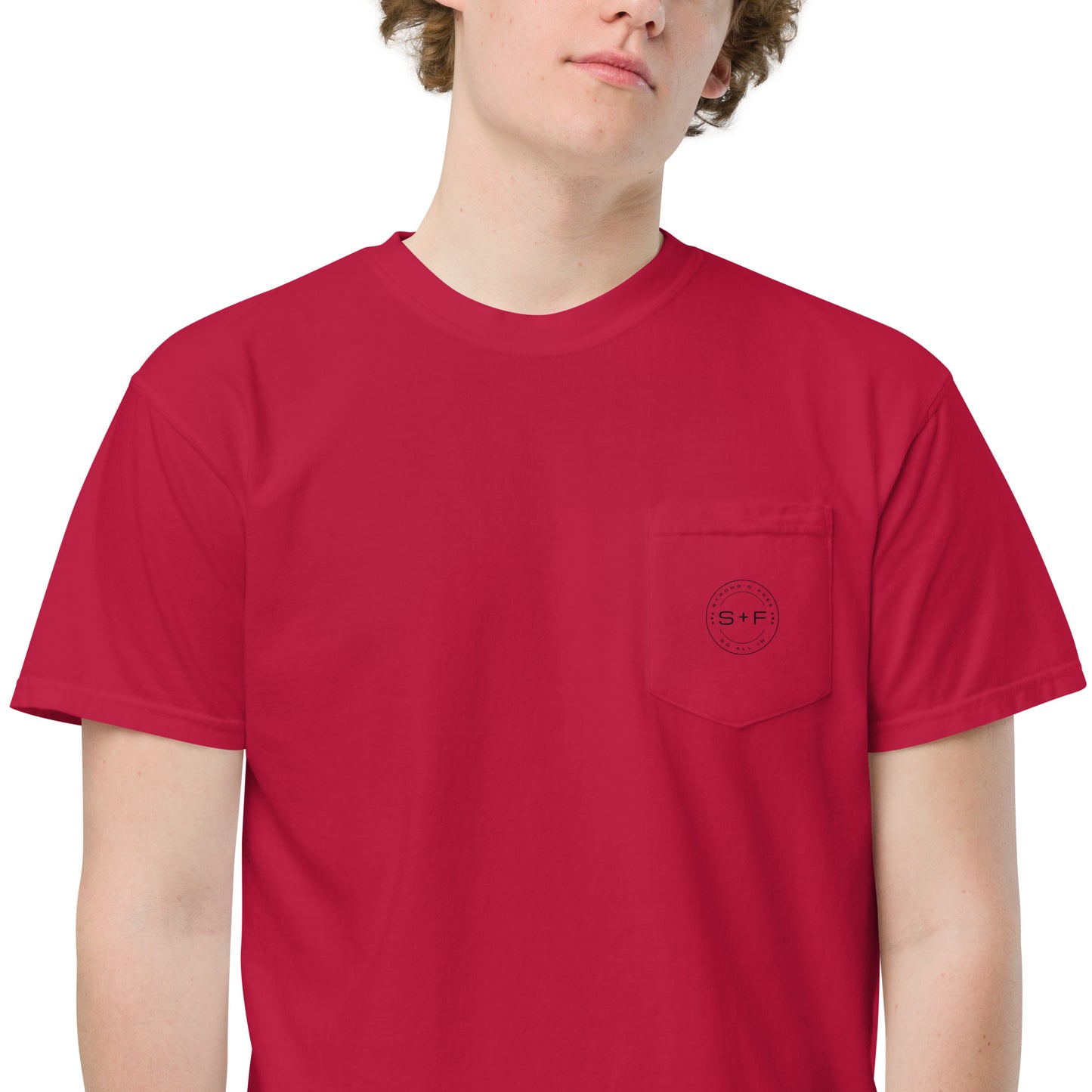 Men's Front Pocket T-shirt, Red/Blue/White/Yellow/Grey. S+F Black Circle Logo Design.