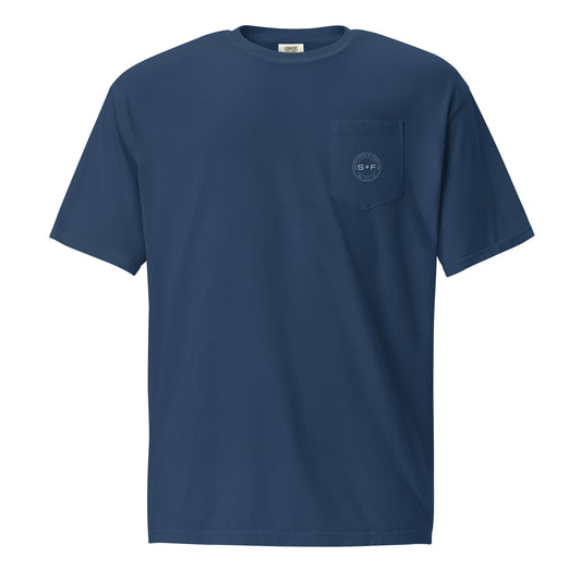 Men's Front Pocket T-Shirt, Black/Blue. S+F White Circle Logo Design.
