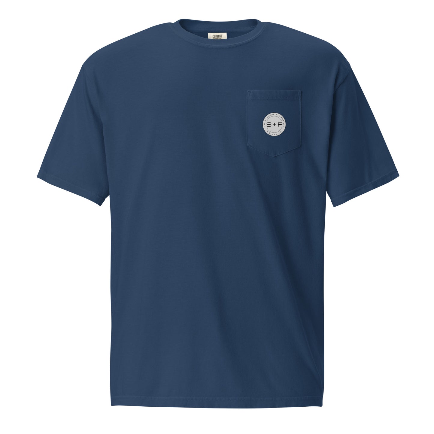 Men's Front Pocket T-Shirt, Black/Blue/Red/White. S+F Reverse Grey Logo Design.