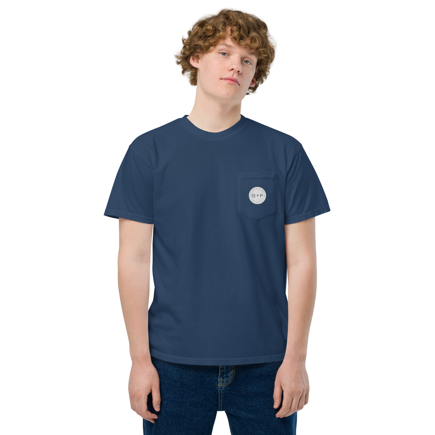 Men's Front Pocket T-Shirt, Black/Blue/Red/White. S+F Reverse Grey Logo Design.