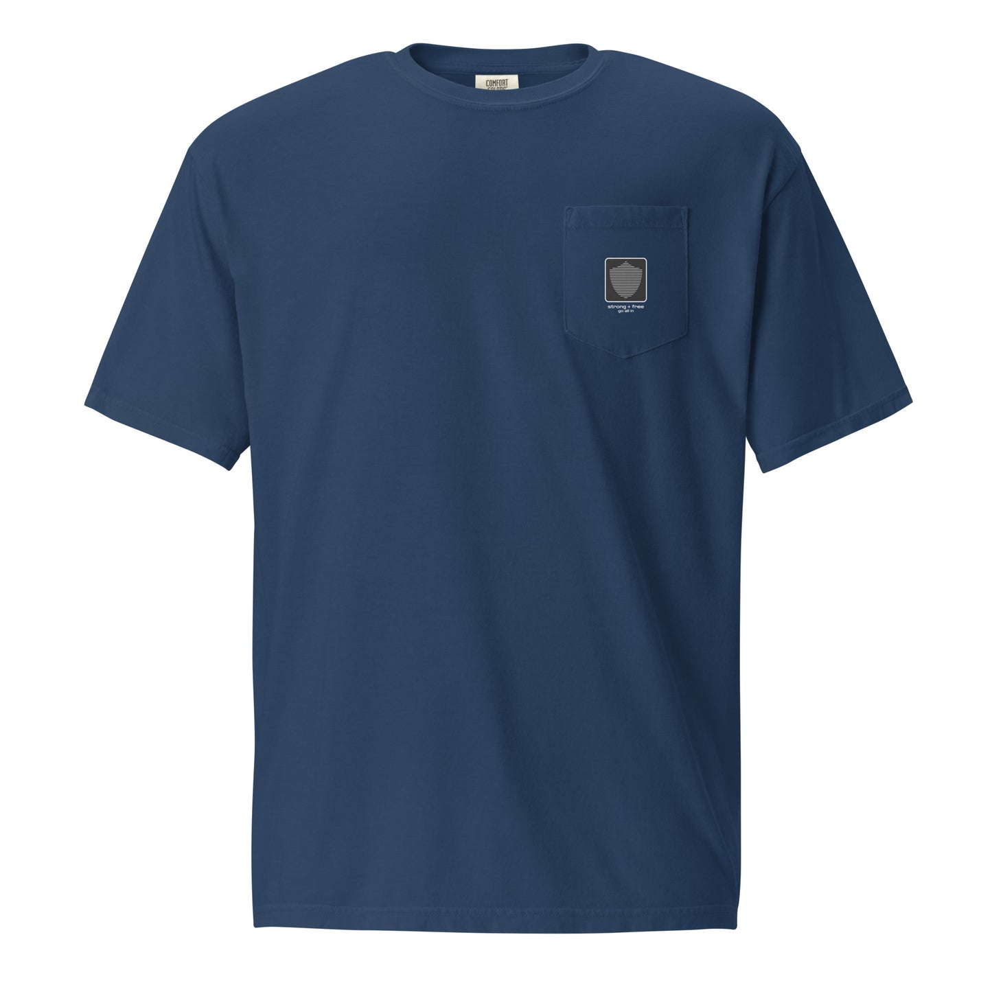 Men's front pocket tee, various colors. S+F signature shield logo design, reverse black icon.