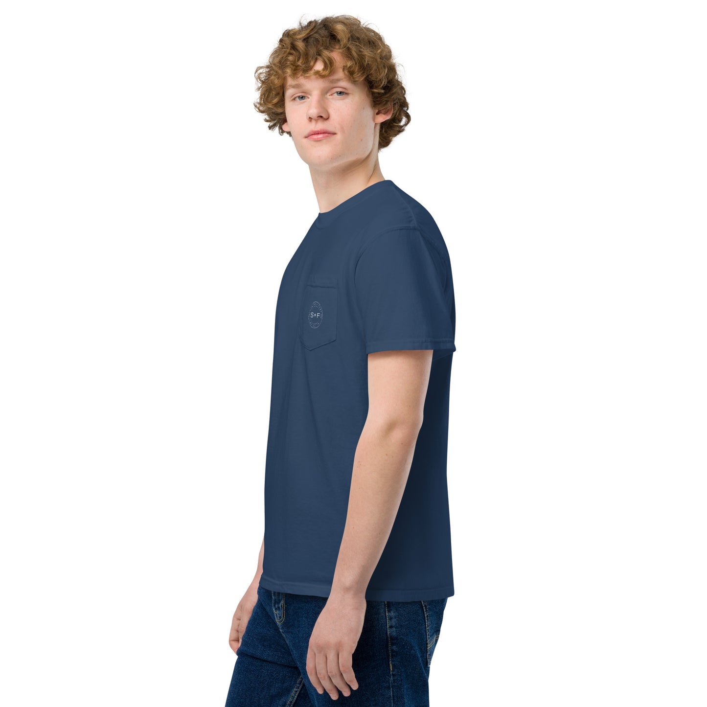 Men's Front Pocket T-Shirt, Black/Blue. S+F White Circle Logo Design.