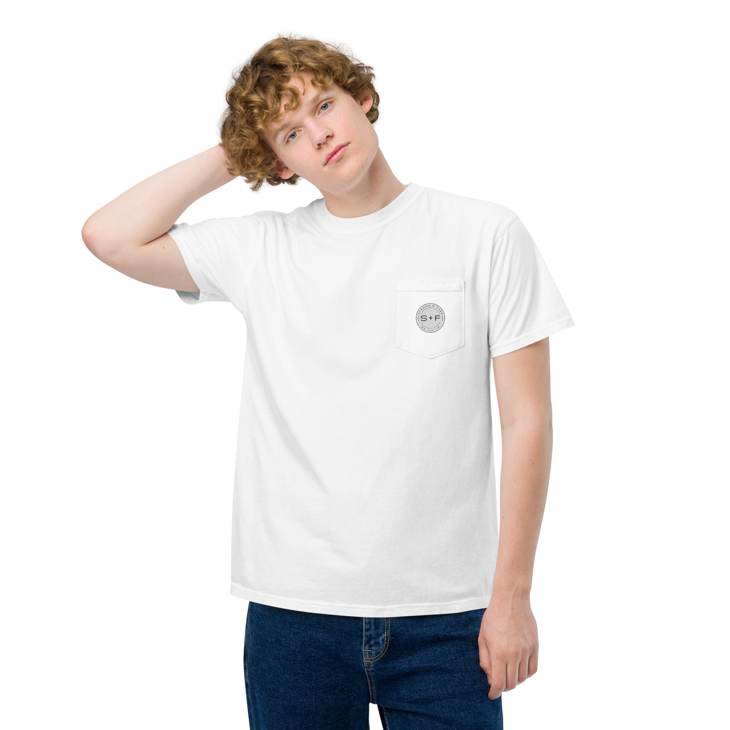 Men's Front Pocket T-Shirt, Black/Blue/Red/White. S+F Reverse Grey Logo Design.