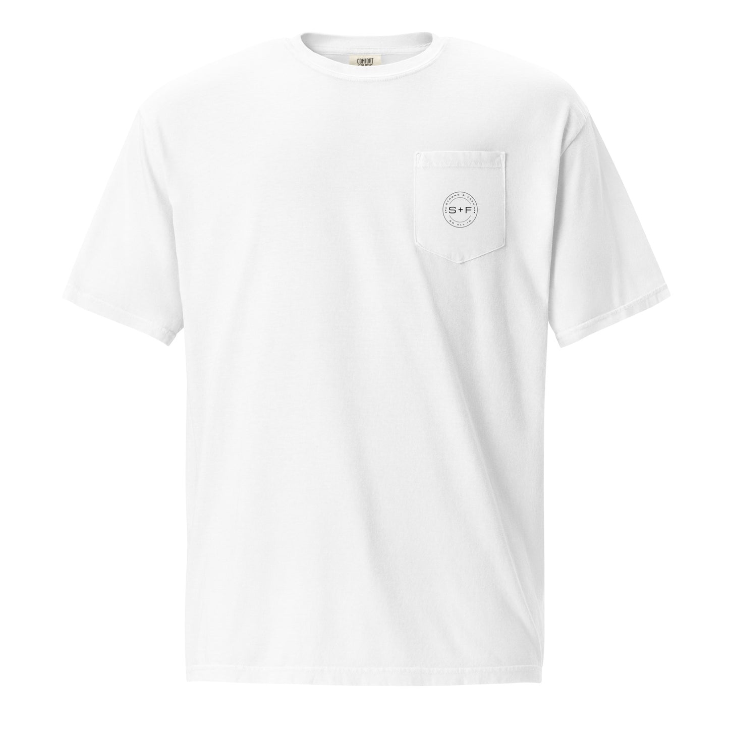 Men's Front Pocket T-shirt, Red/Blue/White/Yellow/Grey. S+F Black Circle Logo Design.