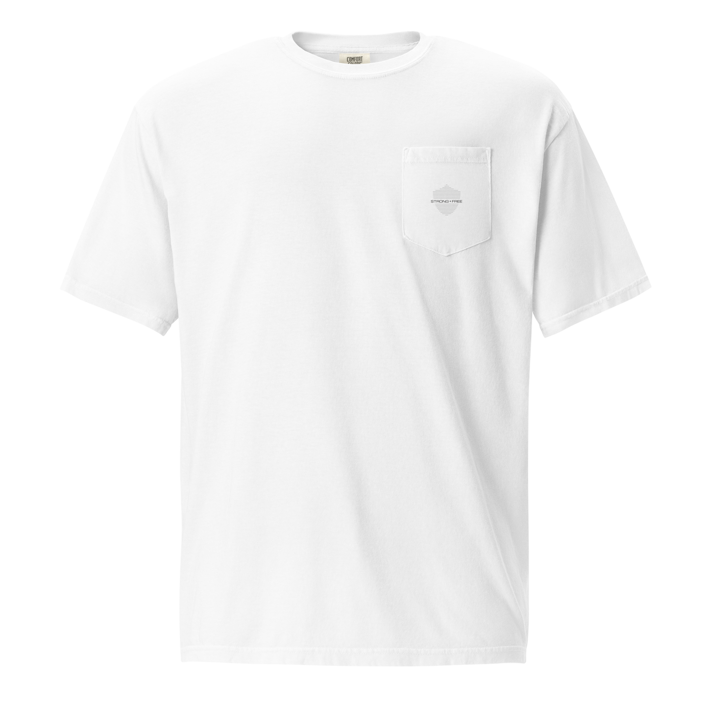 Men's Front Pocket T-Shirt, White. S+F Shield Logo Design.