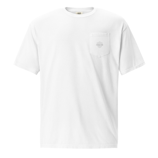 Men's Front Pocket T-Shirt, White. S+F Shield Logo Design.